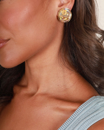 Top Quality Chanel 97P   Round Iridescent with Gold CC Logo, Cam?©ila & Shoe Detail Clip-On Earrings