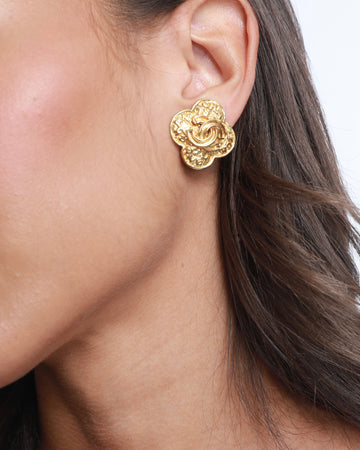 Top Quality Chanel   Yellow Gold Flower with CC and Top Quality Chanel Logo Detail Clip-On Earrings