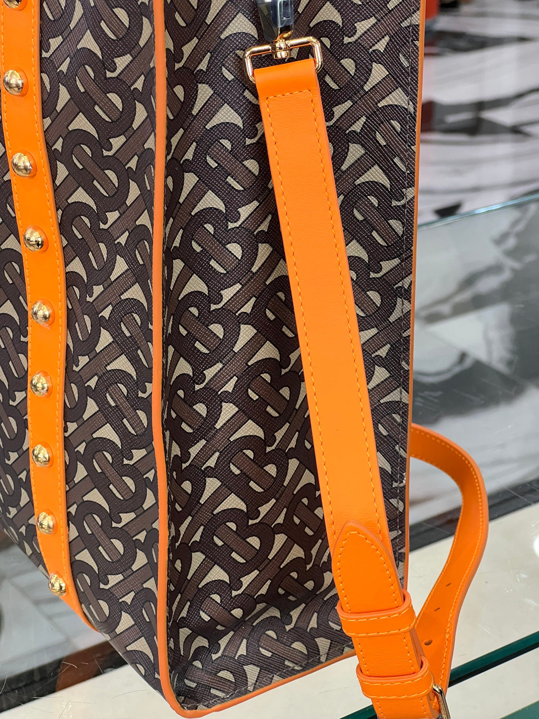 B-BERY MONOGRAM E CANVAS PORTRAIT TOTE BAG