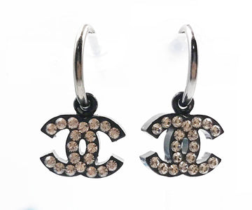 Top Quality Chanel Black CC Shiny Silver Crystal Dangle Hoop Piercing Earrings