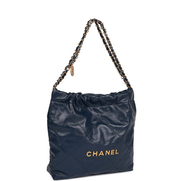Pre-owned Top Quality Chanel Large 22 Bag Navy Lambskin Antique Gold Hardware