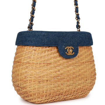 Top Quality Chanel Basket Bag Denim and Rattan Wicker Gold Hardware