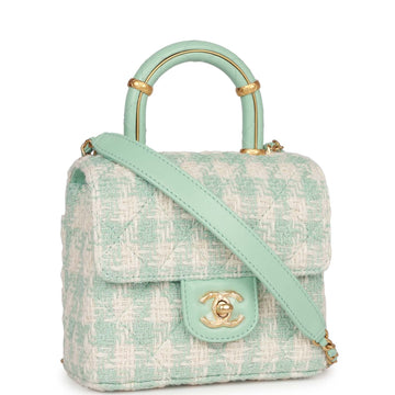 Top Quality Chanel Mini Square Flap with Top Handle Turquoise and Ecru Tweed Antique Gold Hardware