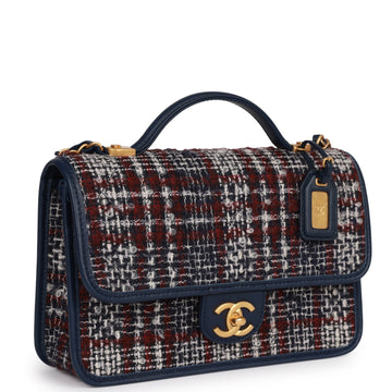 Top Quality Chanel Medium School Memory Flap Bag with Top Handle Navy Multicolor Tweed Aged Gold Hardware