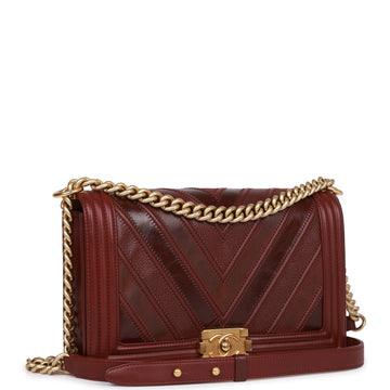 Pre-owned Top Quality Chanel New Medium Boy Bag Burgundy Chevron Antique Gold Hardware