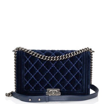 Pre-owned Top Quality Chanel Large Boy Bag Blue Velvet Ruthenium Hardware