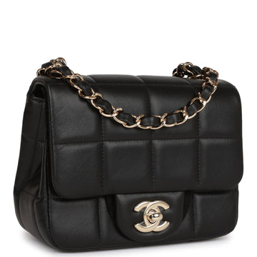 Top Quality Chanel Monaco Mini Square Flap Bag Black Lambskin Light Gold Hardware