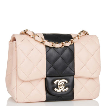 Top Quality Chanel Mini Square Flap Bag Pink and Black Lambskin Light Gold Hardware