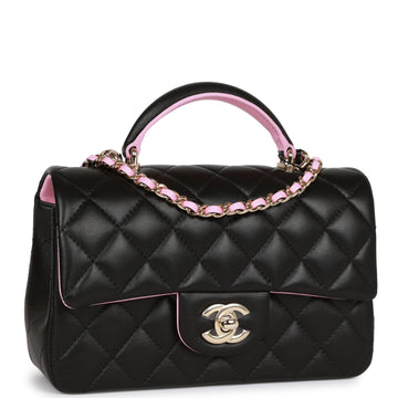 Top Quality Chanel Mini Rectangular Flap with Top Handle Black and Pink Lambskin Light Gold Hardware