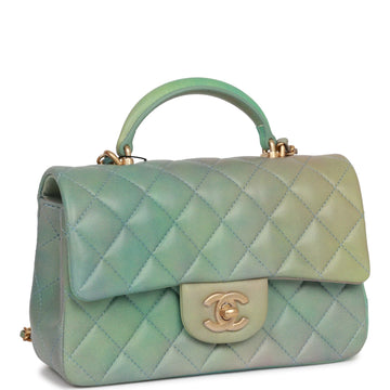 Top Quality Chanel Mini Rectangular Flap Bag with Top Handle Green Ombre Lambskin Antique Gold Hardware