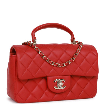 Top Quality Chanel Mini Rectangular Flap Bag with Top Handle Red Lambskin Light Gold Hardware