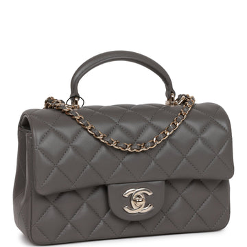 Top Quality Chanel Mini Rectangular Flap Bag with Top Handle Dark Grey Lambskin Light Gold Hardware