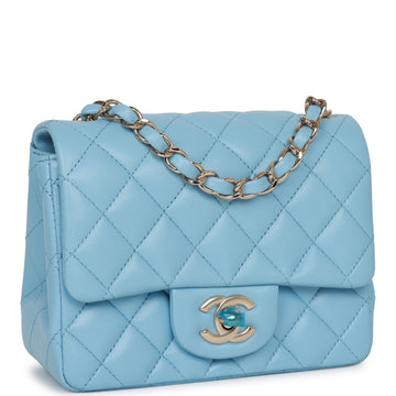 Top Quality Chanel Mini Square Flap Bag Blue Lambskin Light Gold Hardware