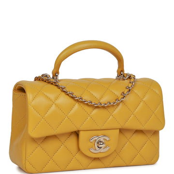 Top Quality Chanel Mini Rectangular Flap with Top Handle Yellow Lambskin Light Gold Hardware