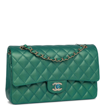 Top Quality Chanel Medium Classic Double Flap Bag Green Iridescent Lambskin Light Gold Hardware