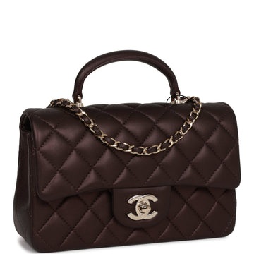 Top Quality Chanel Mini Rectangular Flap Bag with Top Handle Burgundy Lambskin Light Gold Hardware