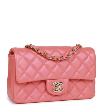Top Quality Chanel Mini Rectangular Flap Bag Pink Iridescent Lambskin Light Gold Hardware