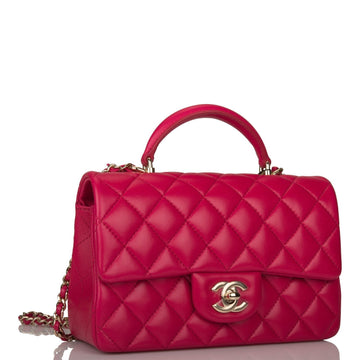 Top Quality Chanel Mini Rectangular Flap with Top Handle Dark Pink Lambskin Light Gold Hardware