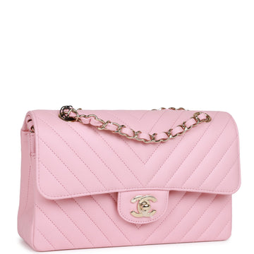 Top Quality Chanel Small Chevron Classic Double Flap Pink Calfskin Light Gold Hardware