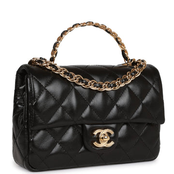 Top Quality Chanel Mini Rectangular Flap with Top Handle Black Lambskin Gold Hardware
