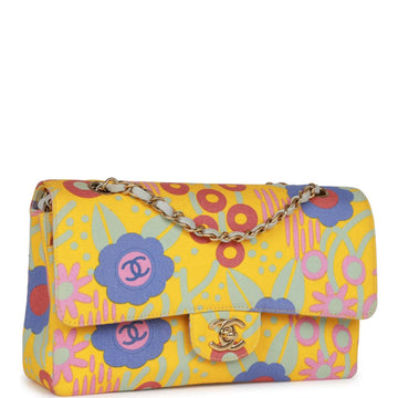 Top Quality Chanel Medium Classic Double Flap Bag Yellow and Multicolor Floral Print Canvas Gold Hardware