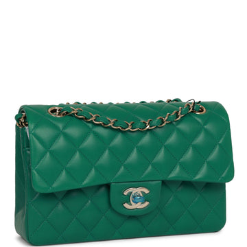 Top Quality Chanel Small Classic Double Flap Bag Green Lambskin Light Gold Hardware
