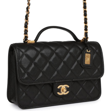 Top Quality Chanel School Memory Top Handle Flap Bag Black Caviar Antique Gold Hardware