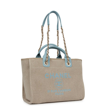 Top Quality Chanel Small Deauville Shopping Bag Blue and Beige Boucle Light Gold Hardware