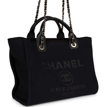 Top Quality Chanel Small Deauville Shopping Bag Black Canvas and Calfskin Light Gold Hardware