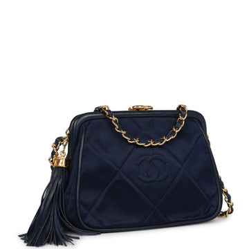 Top Quality Chanel Frame Tassel Bag Navy Satin Gold Hardware