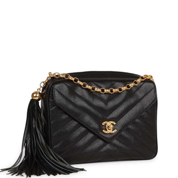 Top Quality Chanel Small Chevron Tassel Camera Bag Black Caviar Gold Hardware