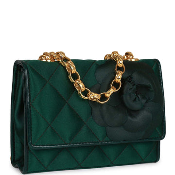 Top Quality Chanel Mini Camellia Flap Bag Green Satin Gold Hardware