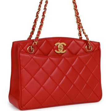 Top Quality Chanel Mini Chain Tote Bag Red Lambskin Gold Hardware