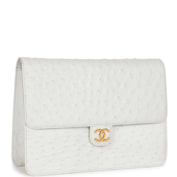 Top Quality Chanel Single Flap Bag White Ostrich Gold Hardware