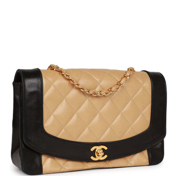 Top Quality Chanel Medium Diana Flap Bag Black and Beige Lambskin Gold Hardware
