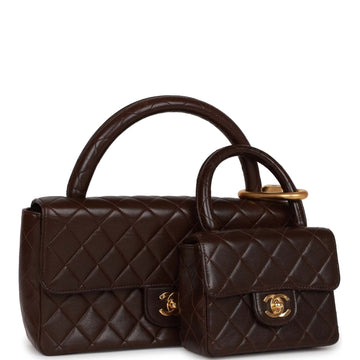 Top Quality Chanel Kelly Parent and Child Flap Bag Set Brown Lambskin Gold Hardware