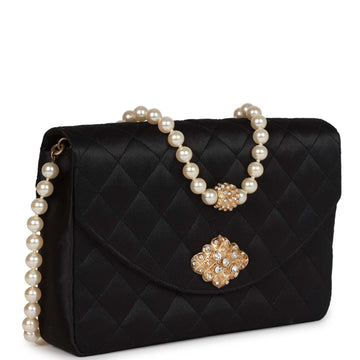 Top Quality Chanel Gripoix Pearl Chain Bag Black Satin Gold Hardware