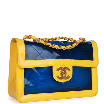 Top Quality Chanel Maxi Flap Bag Yellow/Blue Quilted Patent Leather Gold Hardware