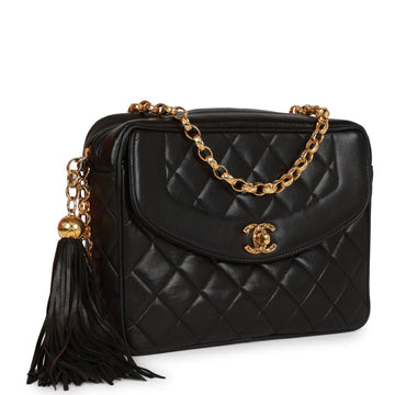 Top Quality Chanel Small Diana Fringe Camera Bag Black Lambskin Gold Hardware