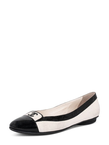 Top Quality Chanel CC Leather Cap Toe Ballet Flats White Black