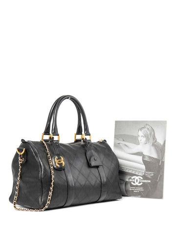 Top Quality Chanel CC Logo 24K Gold Plated Quilted Leather Boston Messenger Bag Black