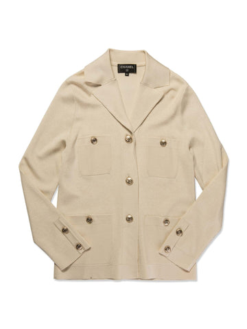 Top Quality Chanel CC Logo Buttoned Knit Cardigan Pearlescent Ivory