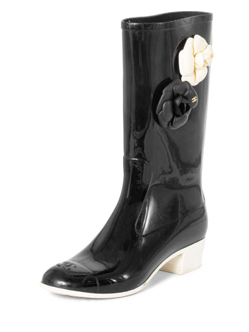 Top Quality Chanel CC Logo Camellia Flower Rain Boots Black