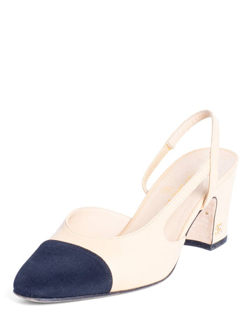 Top Quality Chanel CC Logo Cap Toe Sling Back Heels Beige Black