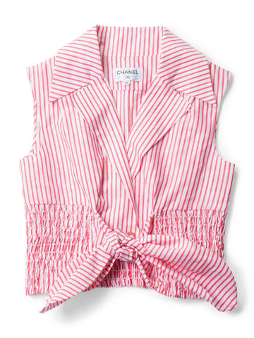 Top Quality Chanel CC Logo Cotton Cropped Striped Blouse Red White