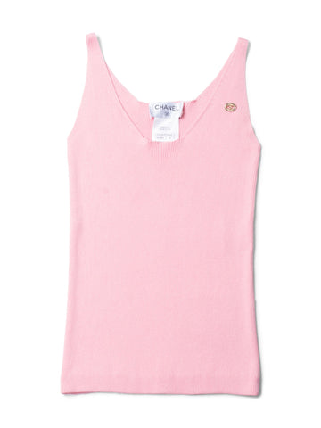 Top Quality Chanel CC Logo Cotton Silk Sleeveless Ribbed Tank Top Pink