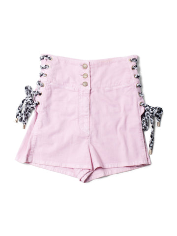 Top Quality Chanel CC Logo Cotton Tweed Lace Up High Waisted Shorts Pink