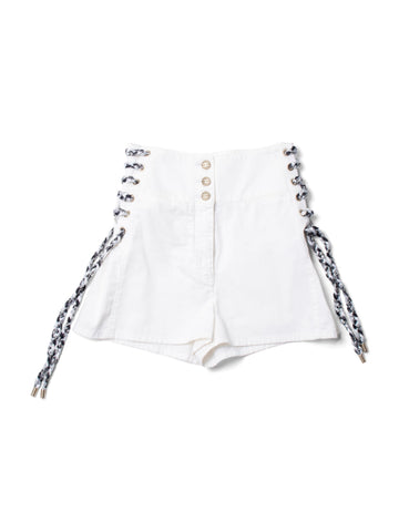 Top Quality Chanel CC Logo Cotton Tweed Lace Up High Waisted Shorts White Black