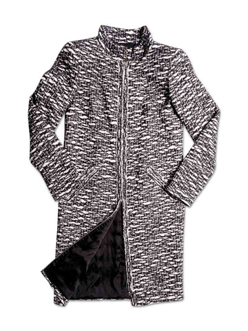 Top Quality Chanel CC Logo Fantasy Tweed Fringe A-Line Coat Black White