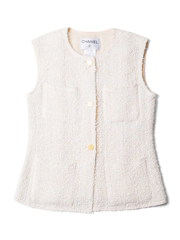 Top Quality Chanel CC Logo Fantasy Tweed Patch Pocket Vest Ivory